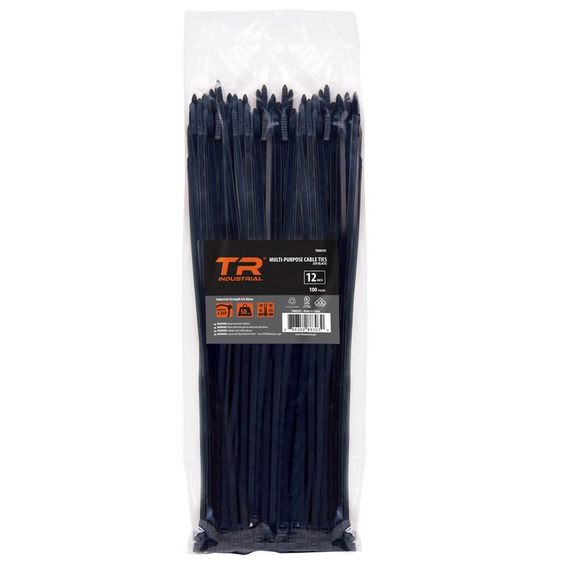 TR Industrial Multi-Purpose UV Resistant Black Cable Ties, 12 inches, 100 Pack - Image 1